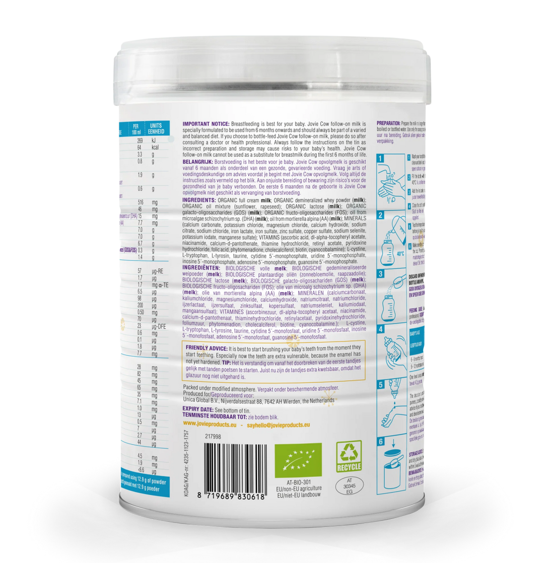 Jovie Organic Cow Milk Formula Stage 2 (800g) - Formuland