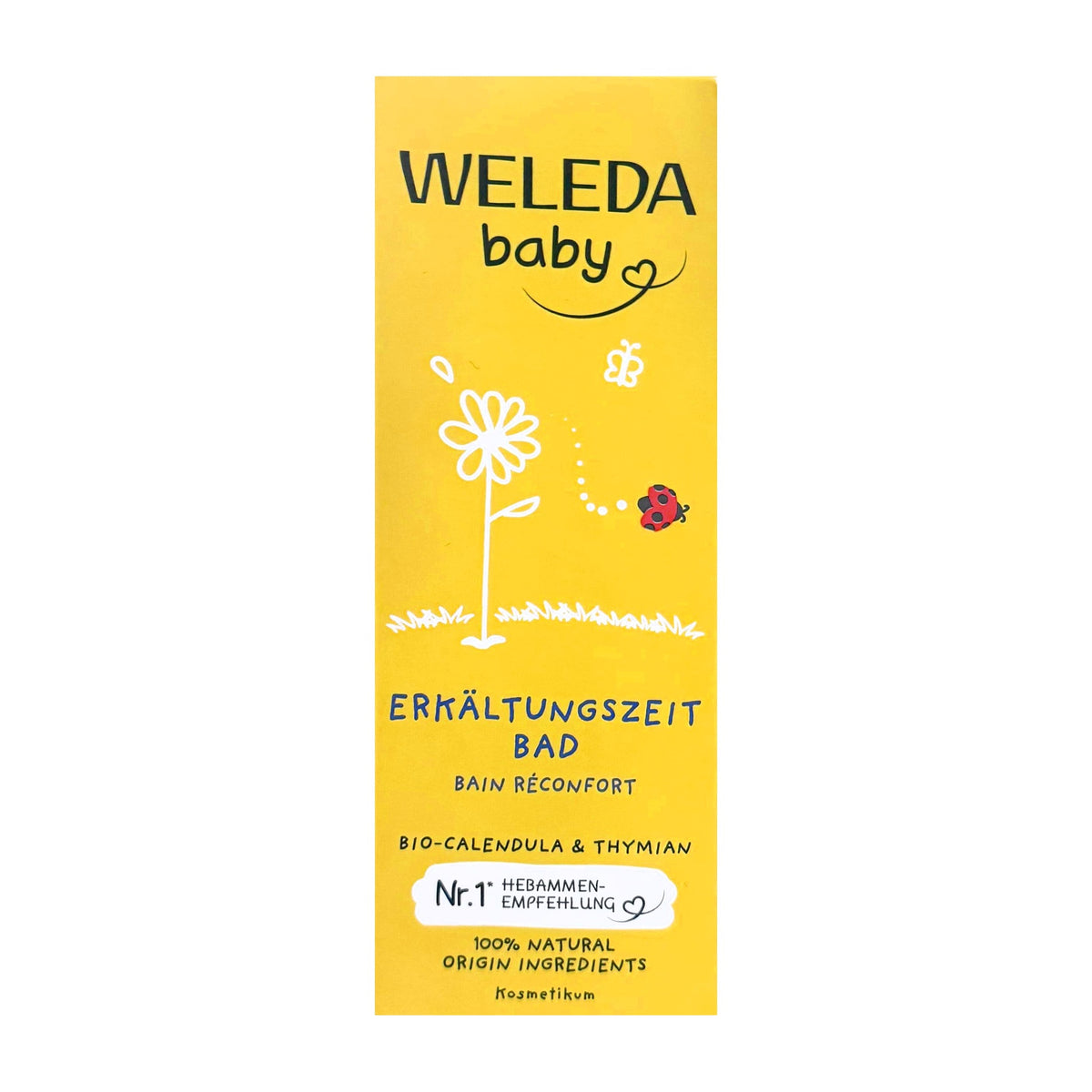 Weleda Baby Calendula & Thyme Cold Season Bath 75 ml, yellow box with organic calendula and thyme for babies from 3 months