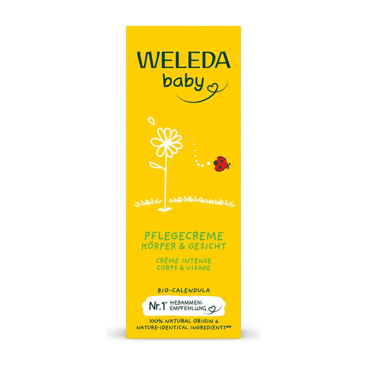 Weleda Baby Calendula Face & Body Cream 75ml retail box, organic calendula baby cream with midwife recommendation seal