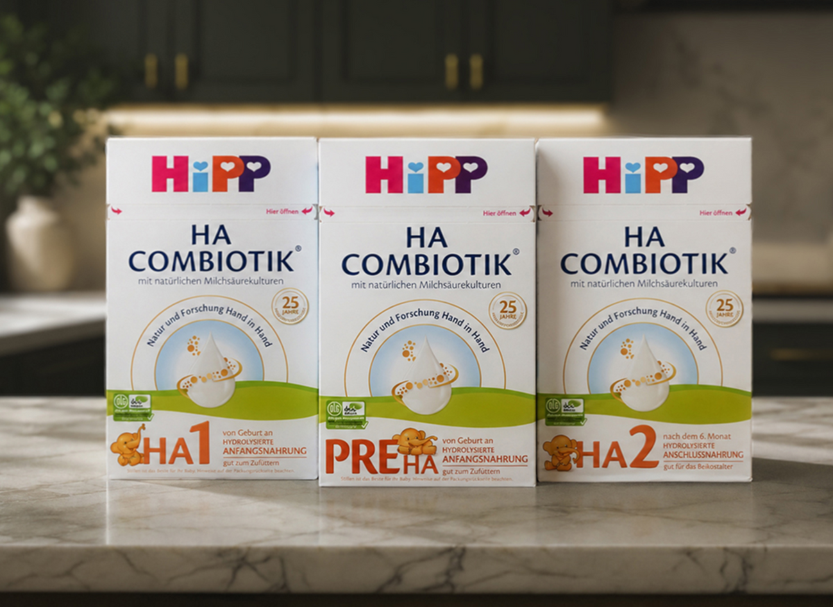 HiPP HA Combiotik PRE, Stage 1, and Stage 2 boxes