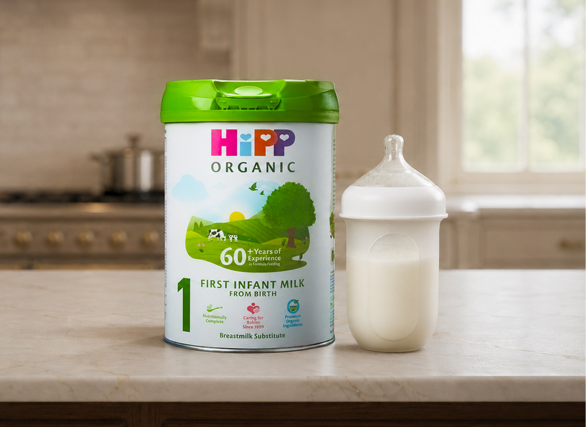 HiPP UK Organic formula on a kitchen counter