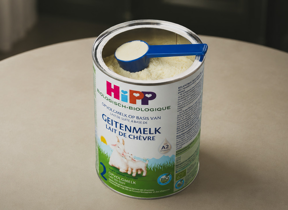 HiPP Organic Goat Milk Formula tin with scoop