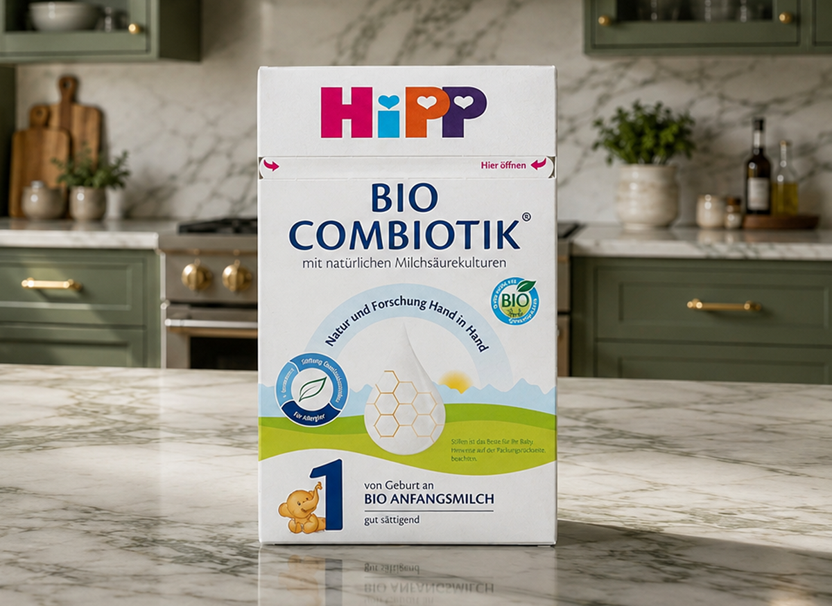 HiPP German Bio Combiotik Stage 1 box on a kitchen counter