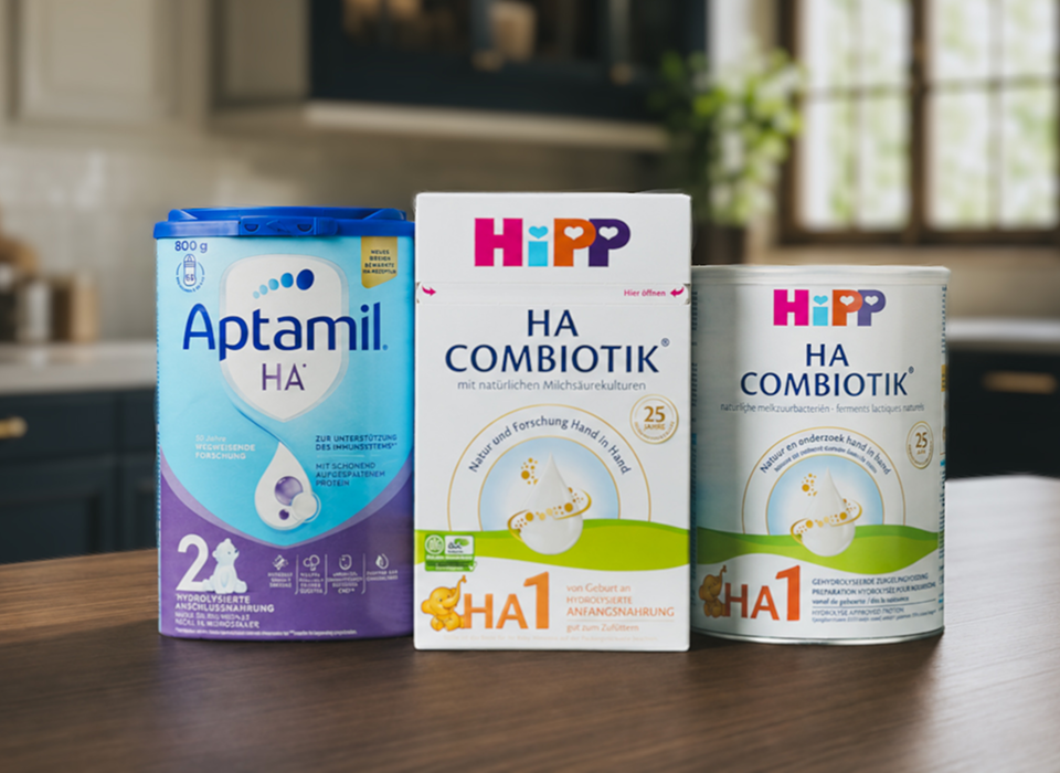Aptamil HA and HiPP HA Combiotik formulas on a kitchen counter