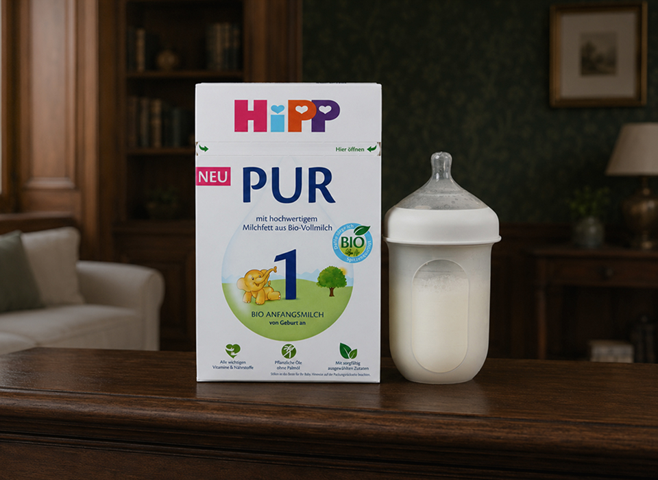 HiPP PUR Stage 1 box with a prepared bottle on a wooden shelf