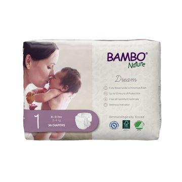 Bambo Nature Dream Diapers Size 1 Newborn (4–9 lbs) – eco-friendly, ultra-soft, dermatologically tested diapers for sensitive skin.
