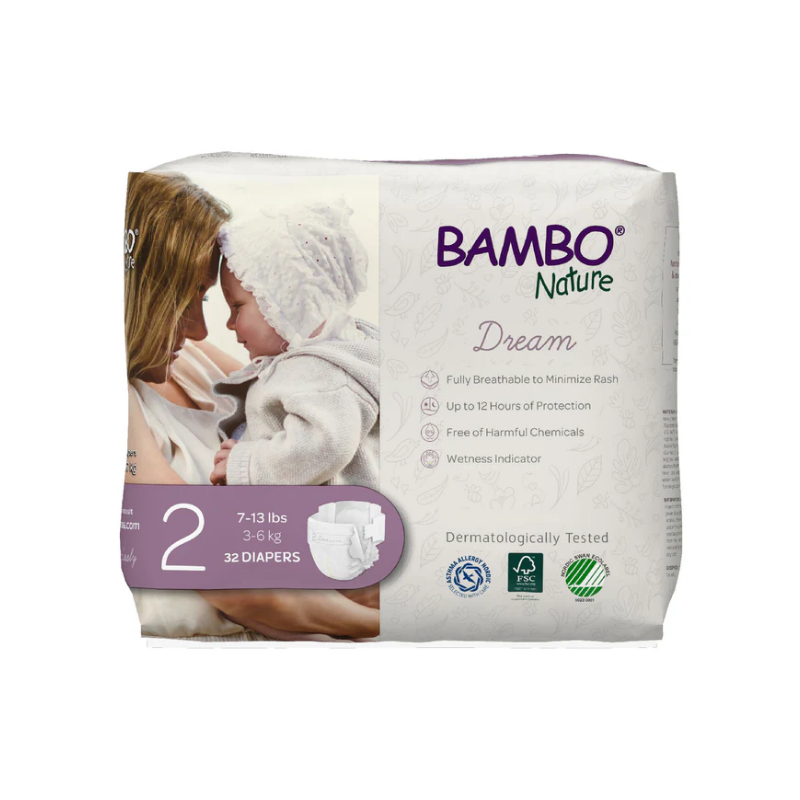 Bambo Nature Dream Diapers Size 2 (7–13 lbs) – sustainable, fragrance-free baby diapers with secure fit and overnight protection.
