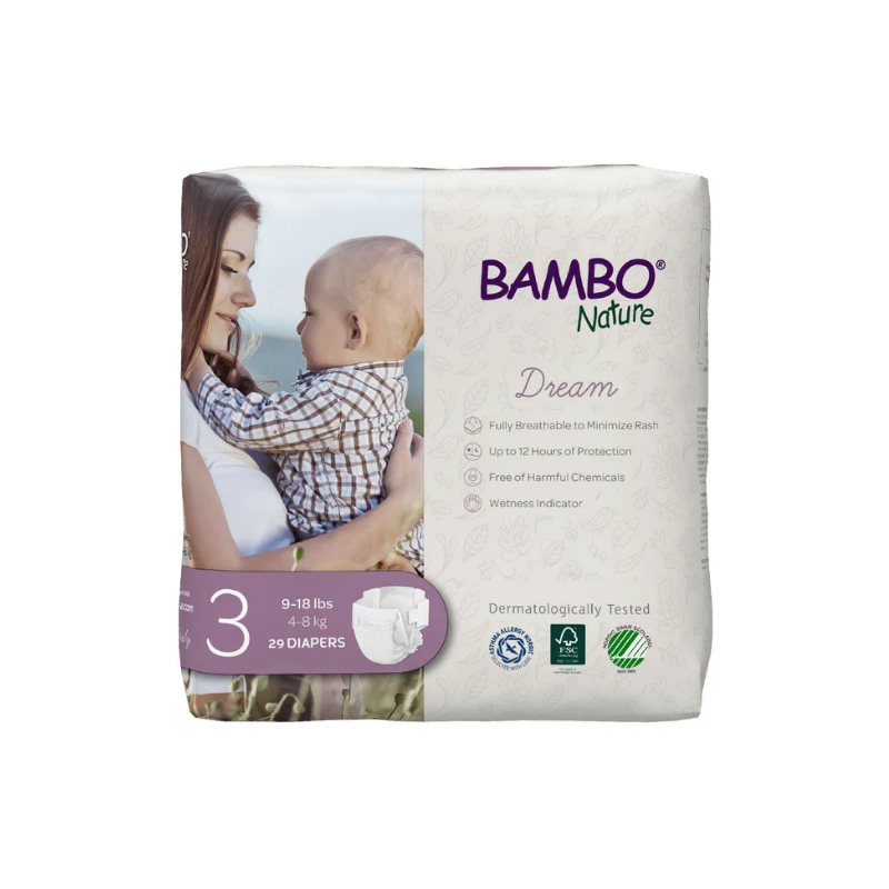 Bambo Nature Dream Diapers Size 3 (9–20 lbs) – eco-certified diapers with flexible waistband, wetness indicator, and gentle leak protection.
