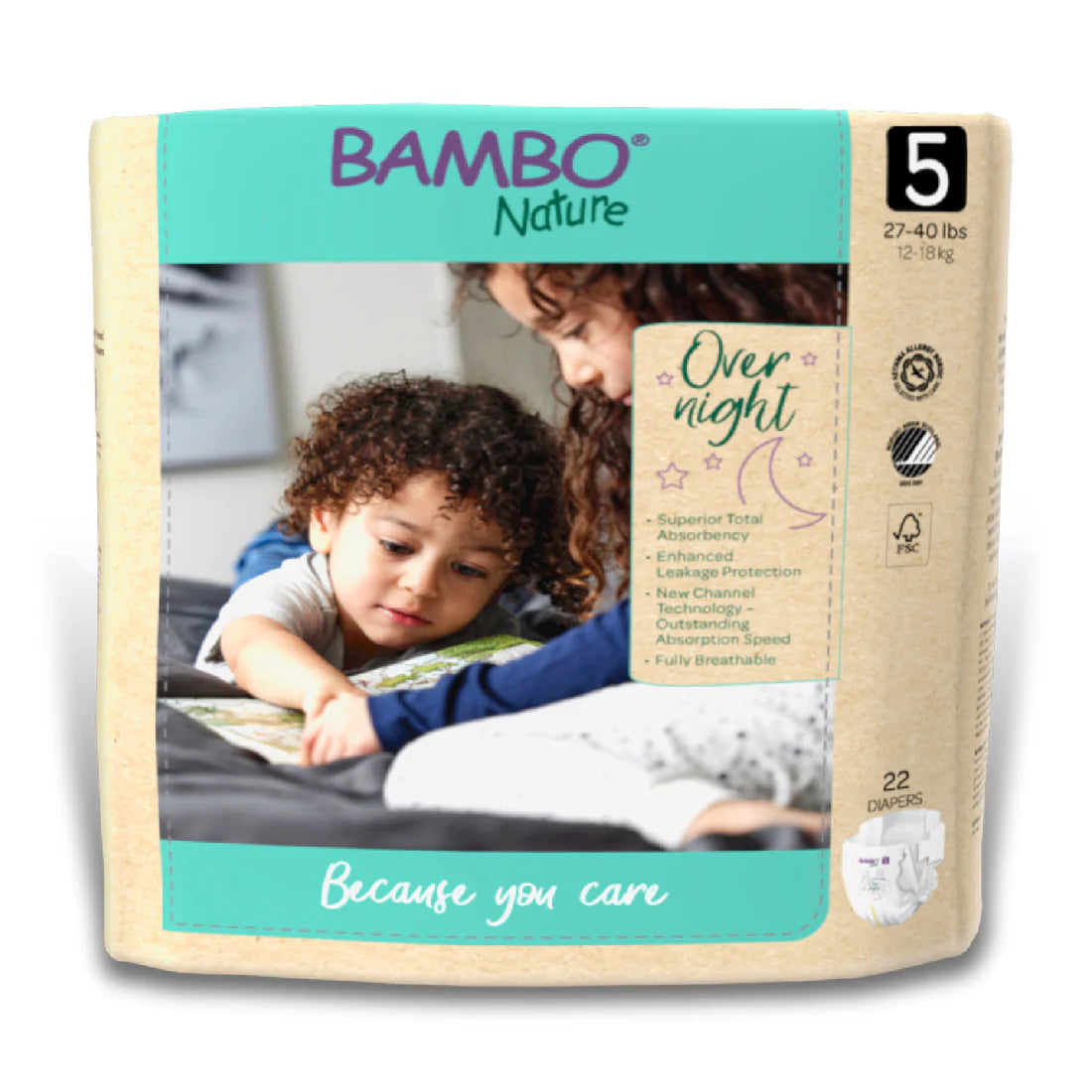 Bambo Nature Overnight Diapers Size 5 breathable overnight diapers with advanced absorbency for babies 26 to 40 pounds