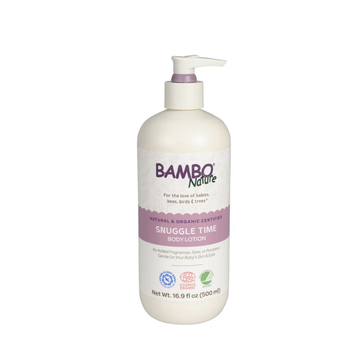 Bambo Nature Snuggle Time Baby Body Lotion 500 ml – gentle, fragrance-free moisturizer for sensitive baby skin, ECOCERT certified and vegan.