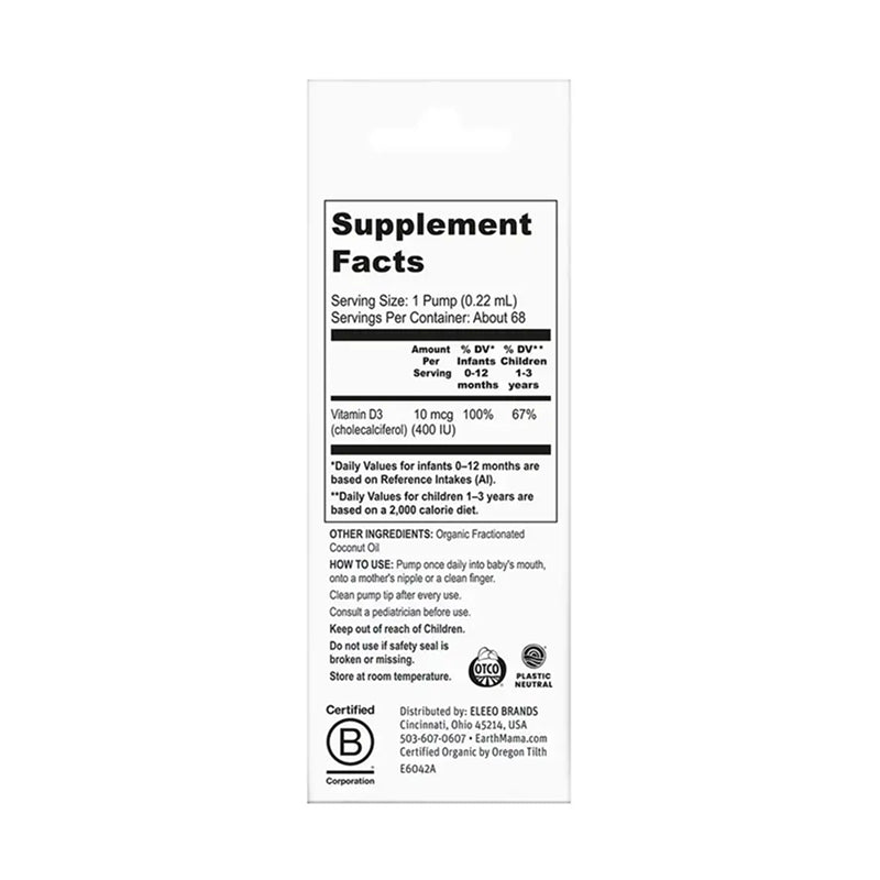 Earth Mama Organic Vitamin D Drops supplement facts and ingredients label