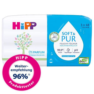 HiPP Soft & Pur Baby Wipes 3 Pack with 144 fragrance-free wipes made with 99.9% water