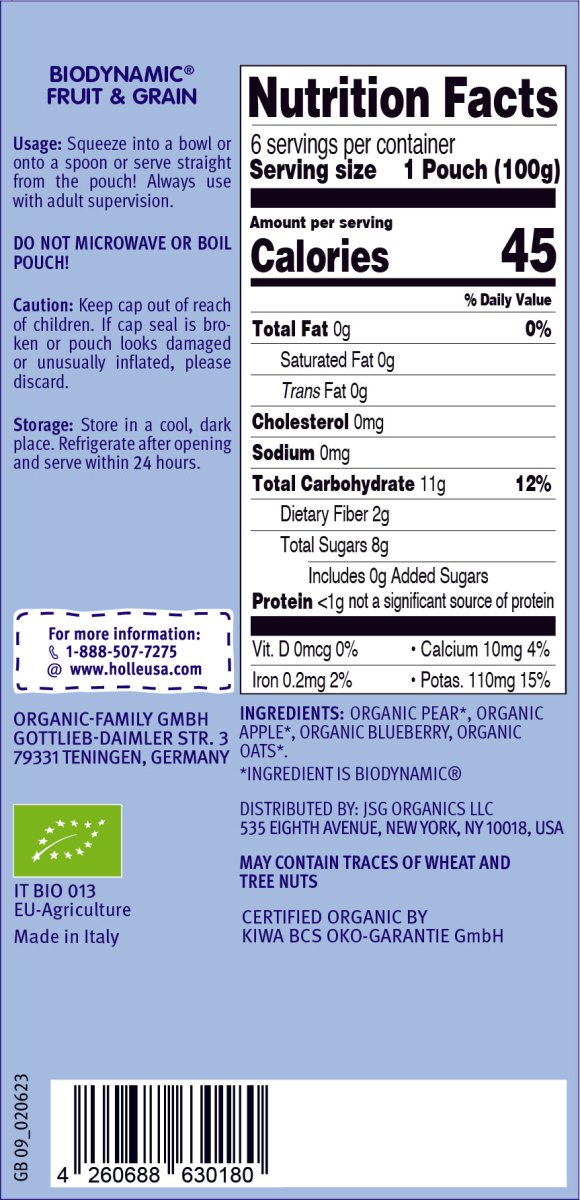 Holle Baby Food Pouches - Organic Fruit & Grain Puree - Blue Bird (USA Version) - Formuland