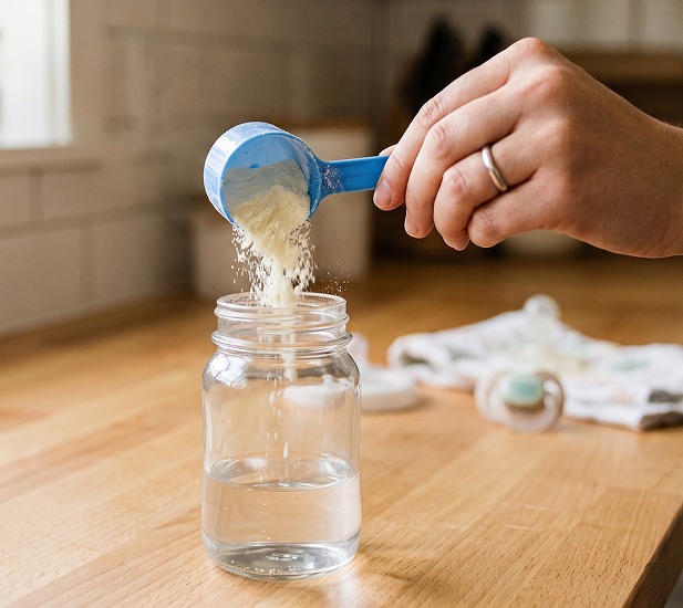 Parent measuring HiPP HA formula into a bottle