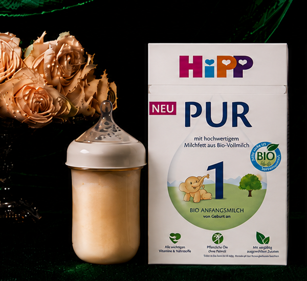 HiPP PUR Stage 1 box with a prepared bottle