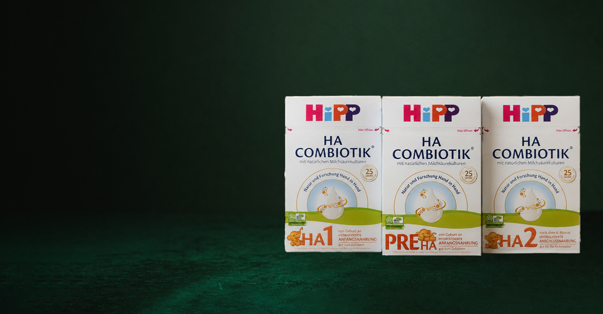 HiPP HA Combiotik PRE, Stage 1, and Stage 2 boxes