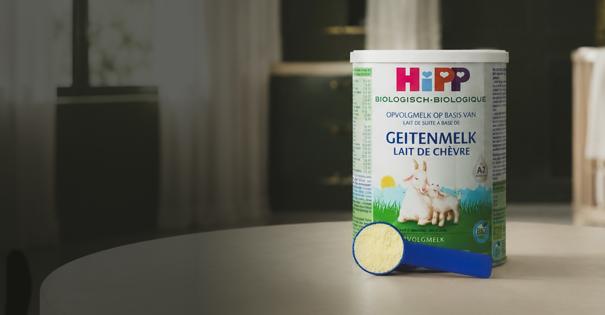 HiPP Organic Goat Milk Formula tin on a kitchen table
