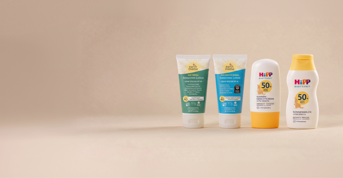 Earth Mama and HiPP Babysanft sunscreen bottles